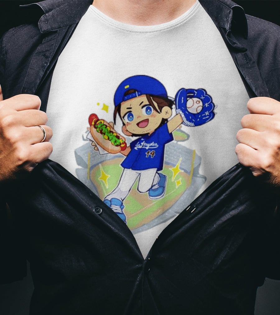Enrique Hernandez Los Angeles Dodgers 14 Cartoon Style Baseball Glove And Hot Dog T-Shirt