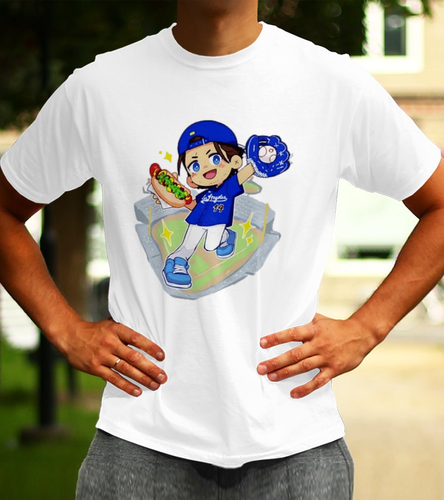 Enrique Hernandez Los Angeles Dodgers 14 Cartoon Style Baseball Glove And Hot Dog T-Shirt