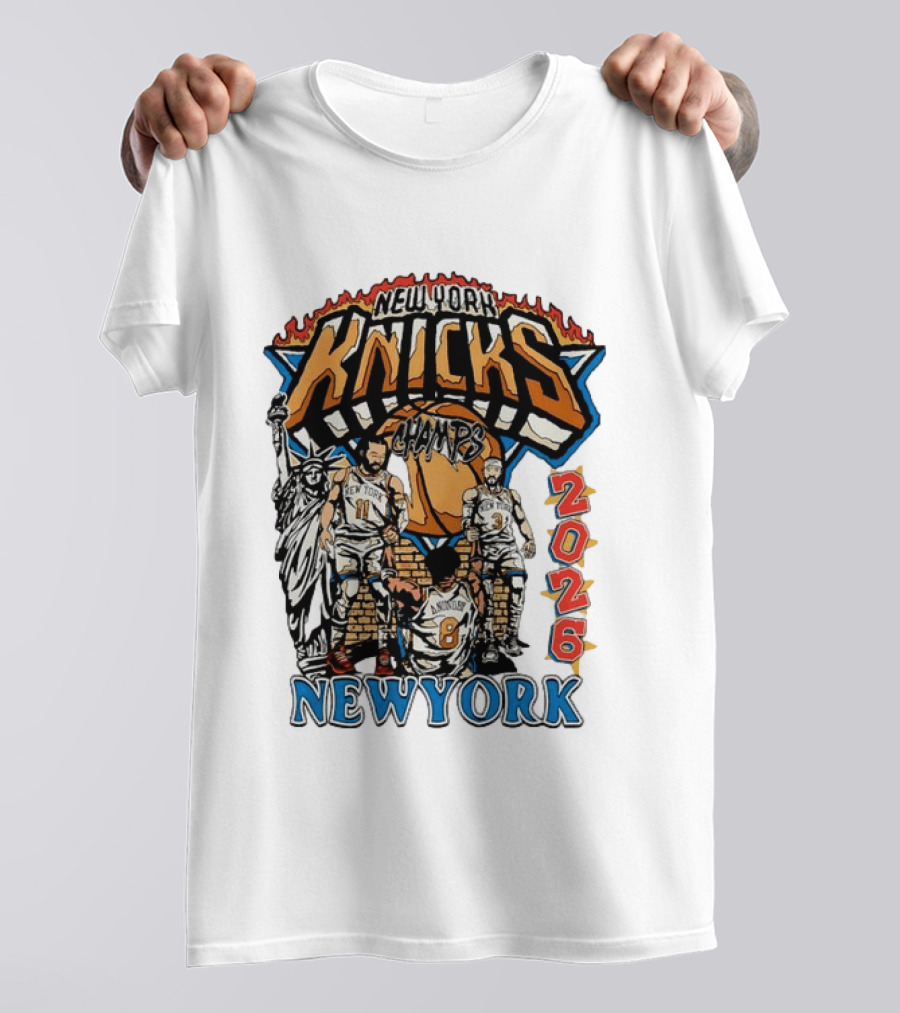 New York Knicks 2026 Champs Jalen Brunson OG Anunoby Josh Hart Statue Of Liberty T-Shirt