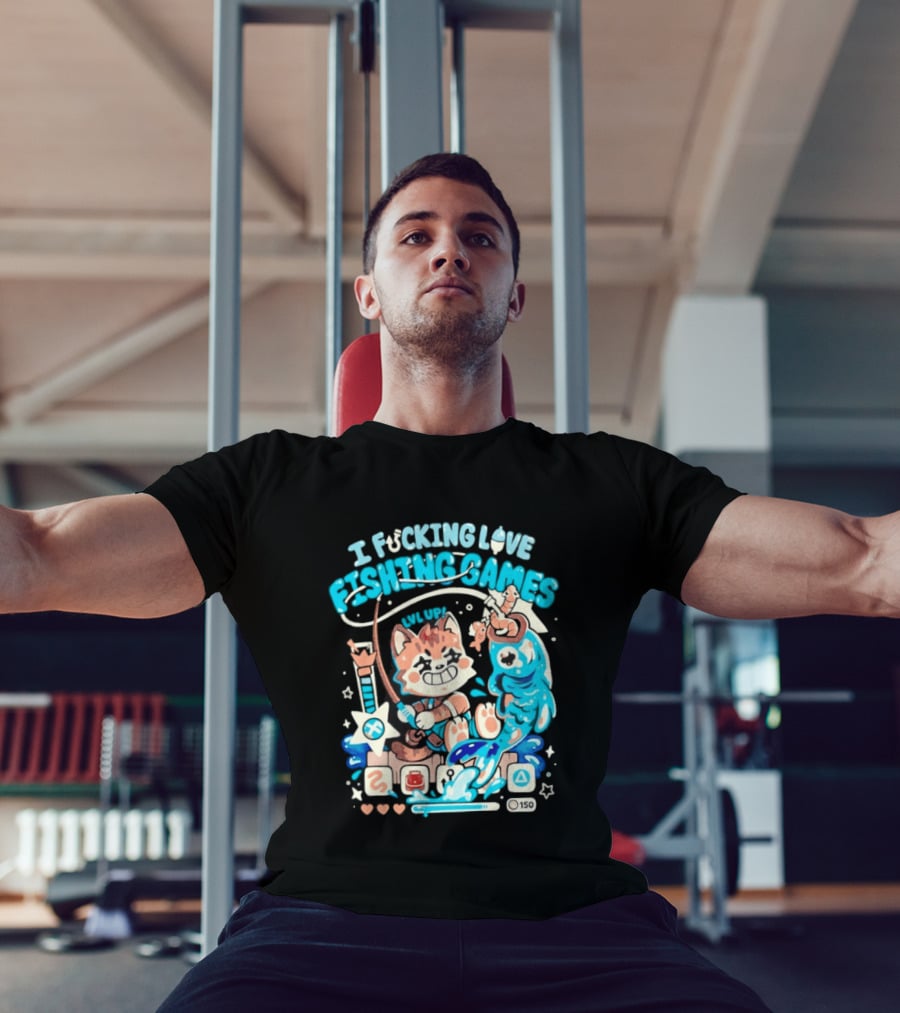 I Fucking Love Fishing Games XP Splash Cute Cat With Fish And Hearts T-Shirt