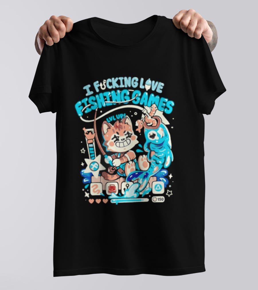 I Fucking Love Fishing Games XP Splash Cute Cat With Fish And Hearts T-Shirt