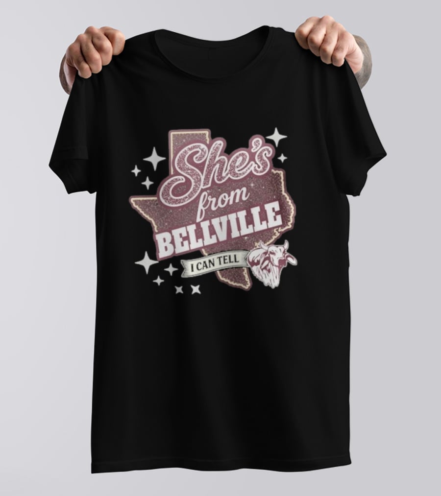 She's From Bellville I Can Tell Texas Map Stars Cowhead T-Shirt