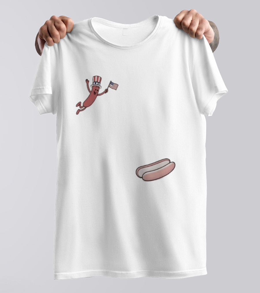Hot Dog Wearing USA Flag Hat Jumping With American Spirit T-Shirt