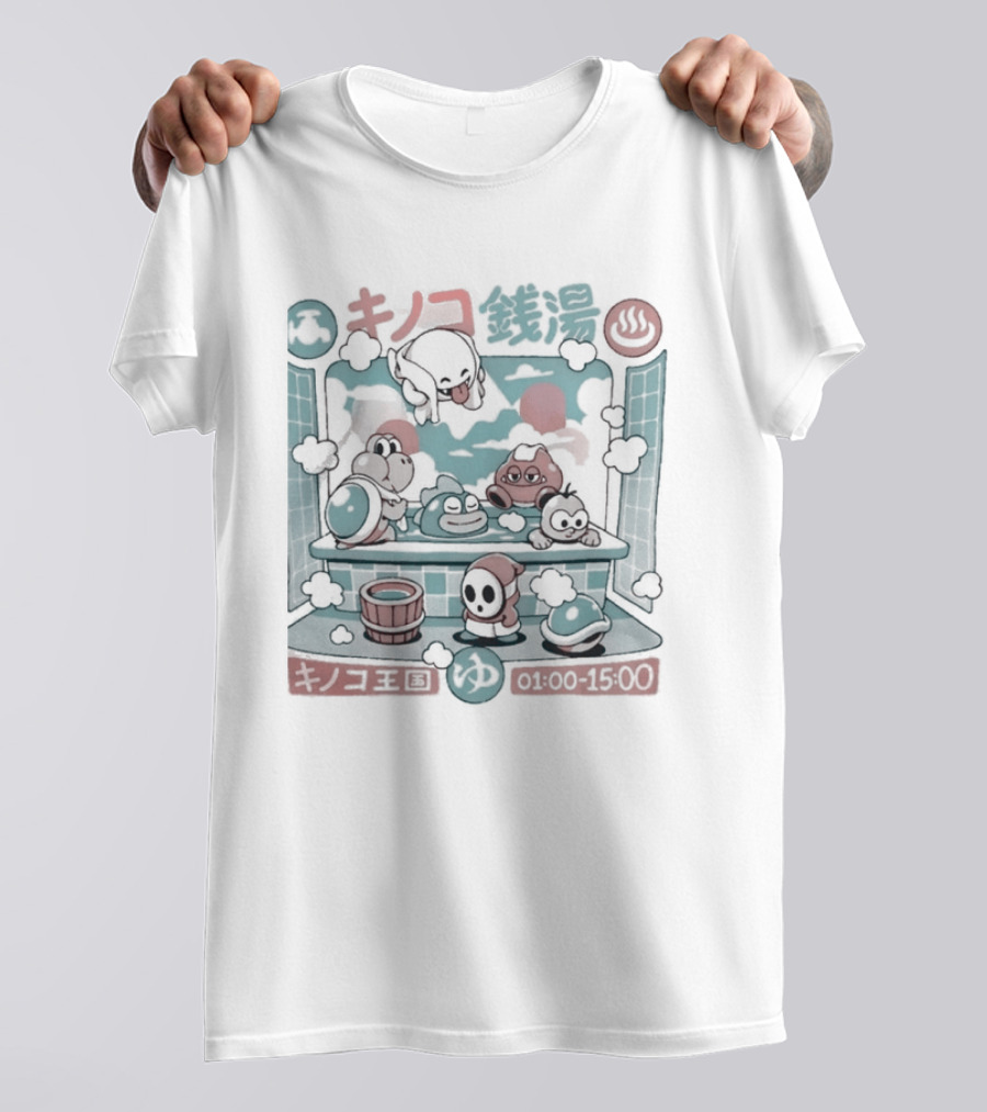 Mushroom Bathhouse Ilustrata Onsen Adventure Kanji Pixel T-Shirt