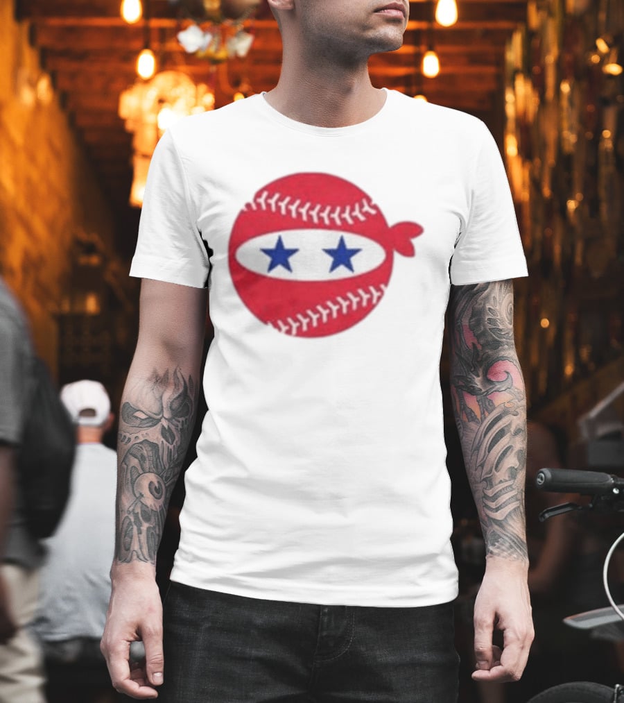 Pitching Ninja Baseball Two Blue Stars Red Baseball Stitches T-Shirt