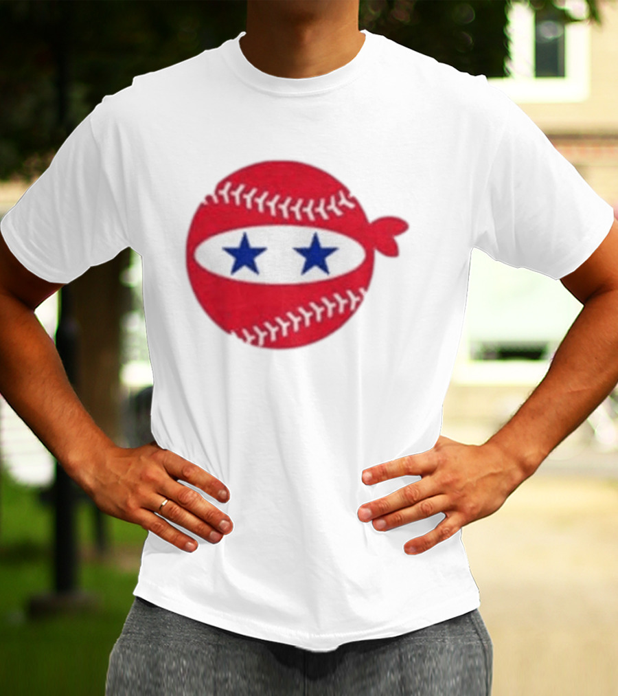 Pitching Ninja Baseball Two Blue Stars Red Baseball Stitches T-Shirt