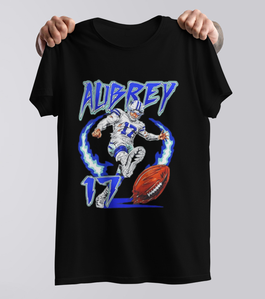 Aubrey 17 Dallas Football Player Kicking With Blue Lightning T-Shirt