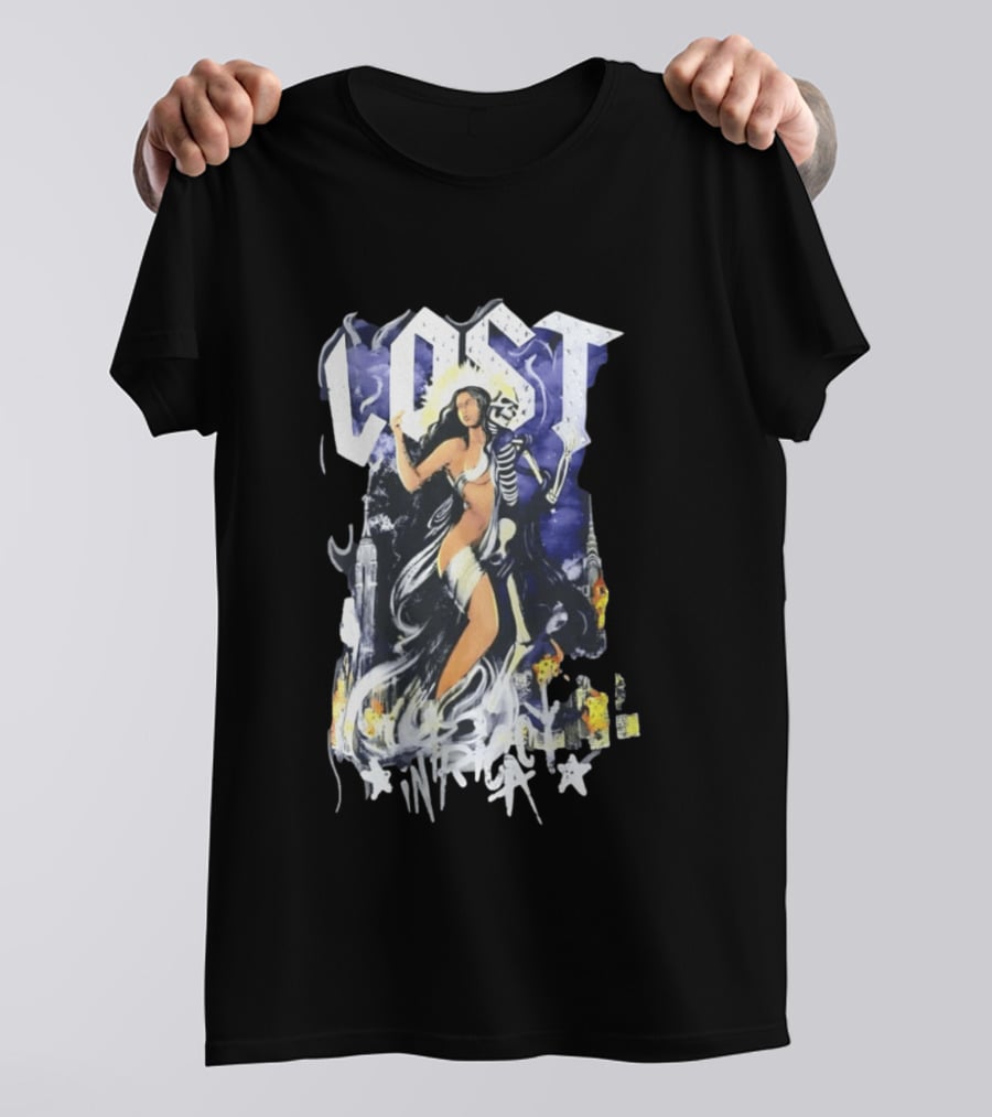 Lost Goddess Skeleton Embrace With City Skyline T-Shirt