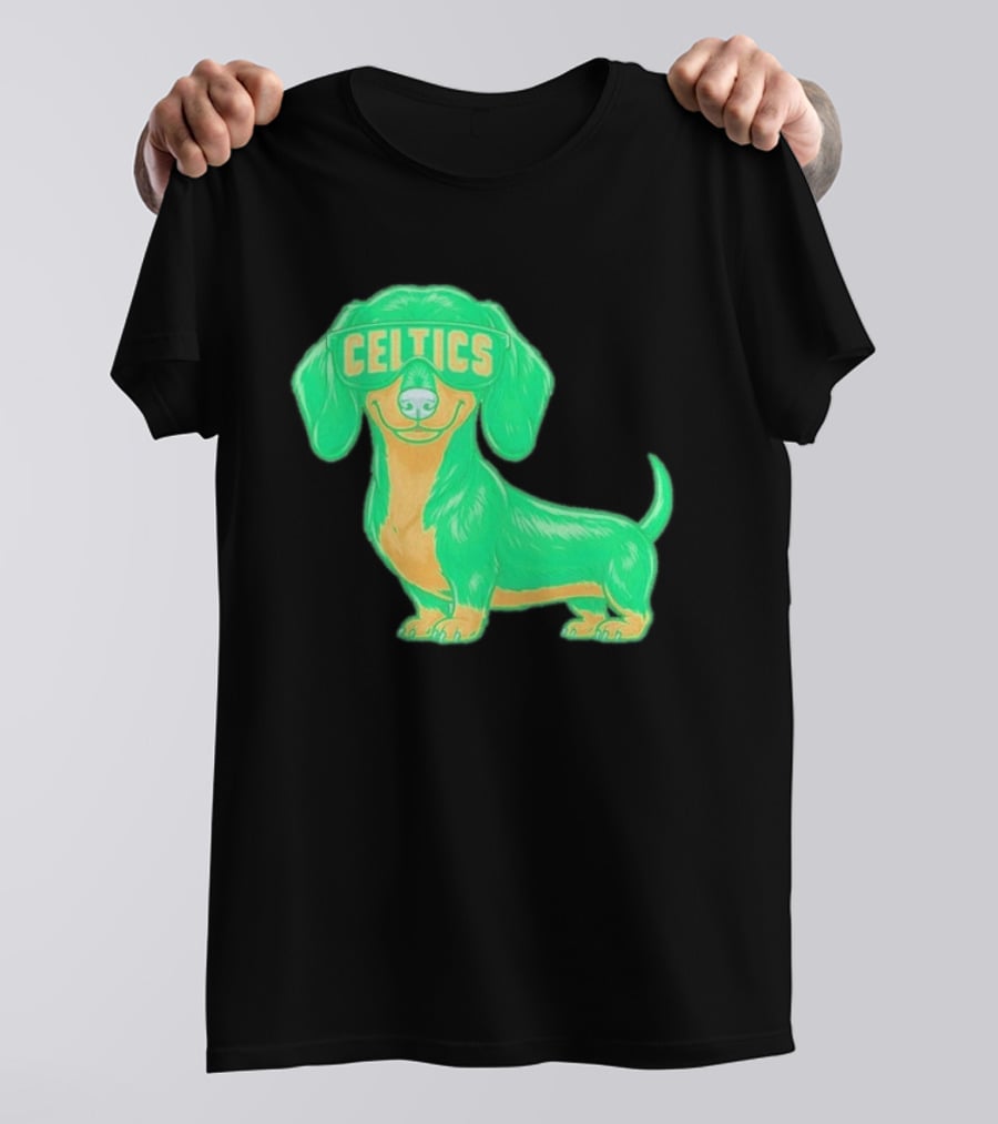 Boston Celtics Dachshund Cartoon Glasses T-Shirt