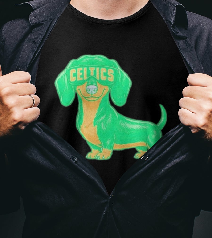 Boston Celtics Dachshund Cartoon Glasses T-Shirt