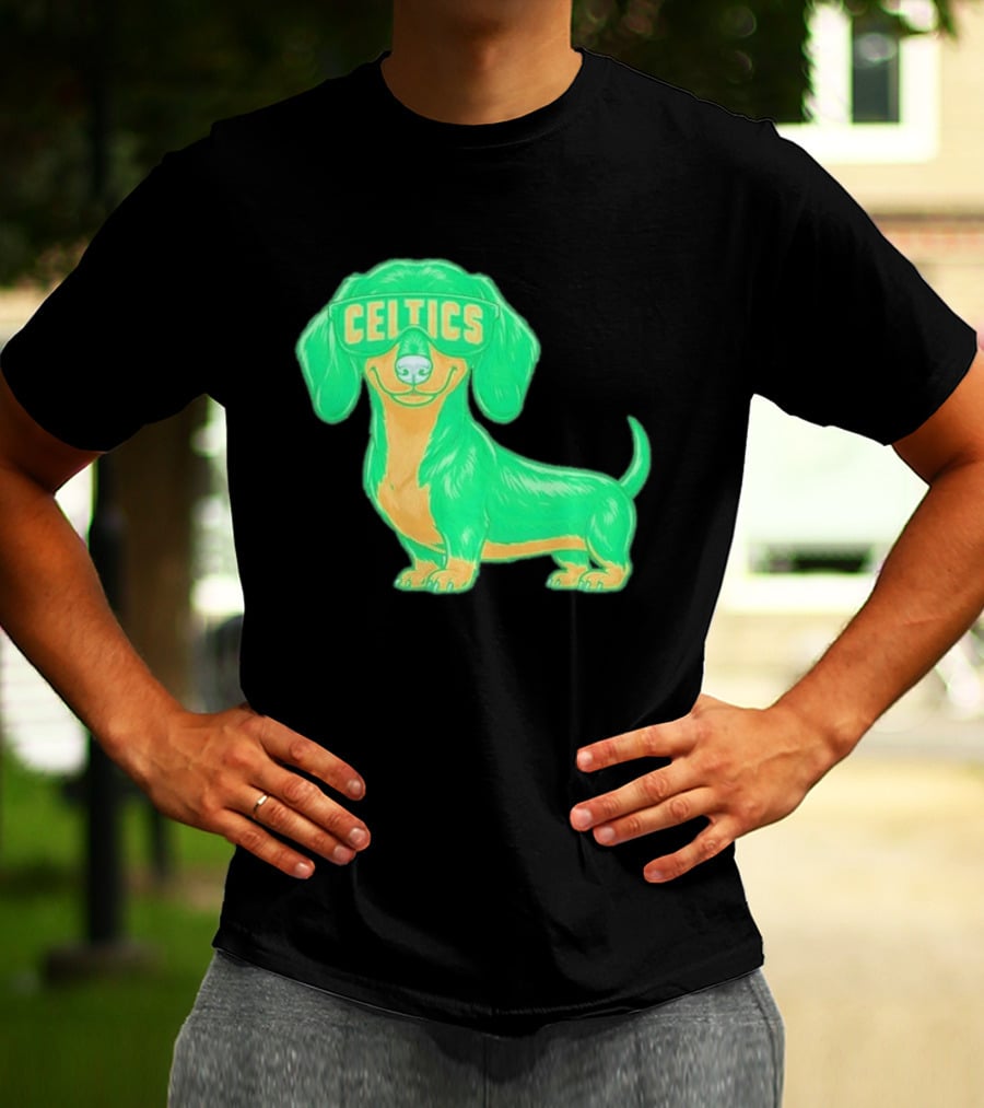 Boston Celtics Dachshund Cartoon Glasses T-Shirt
