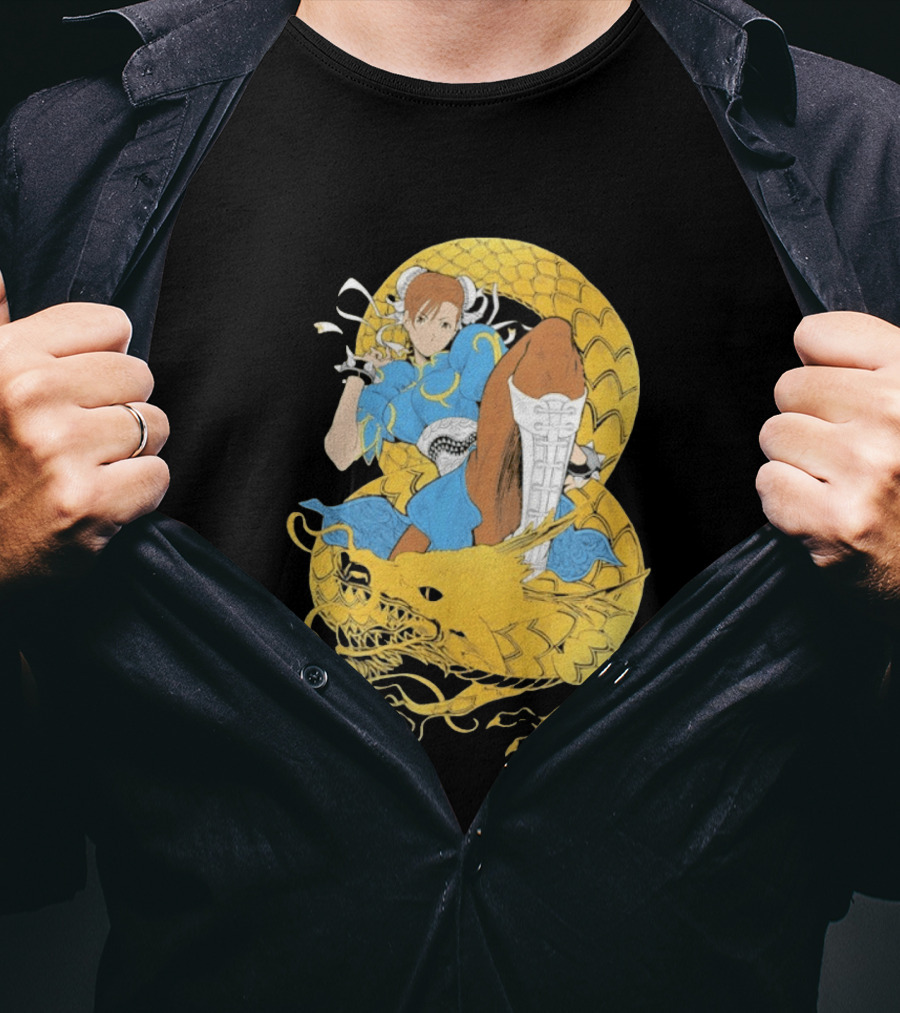 Chun Li Gold Dragon Kick Fighter Blue Outfit Gold Dragon T-Shirt