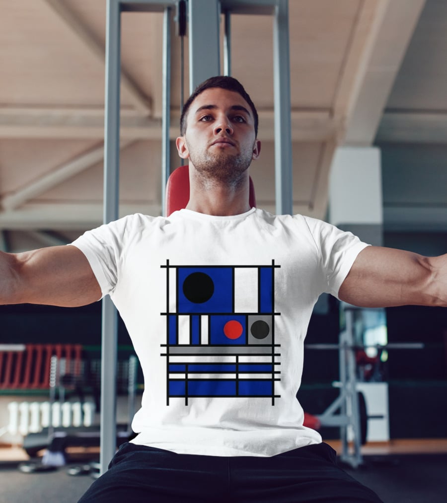 Geometric Shapes Blue Black Red Circles Squares Lines T-Shirt