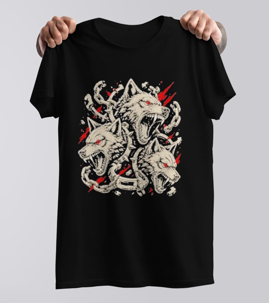 Three Headed Wolf Cerberus Mythical Beast Chains And Red Accents T-Shirt