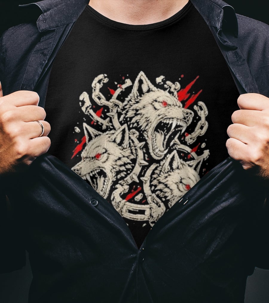 Three Headed Wolf Cerberus Mythical Beast Chains And Red Accents T-Shirt