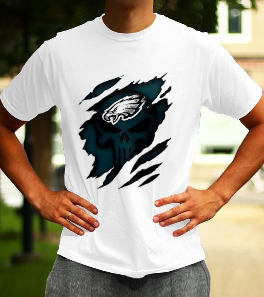 Philadelphia Eagles Punisher Skull Ripped Effect NFL Team Merchandise T-Shirt