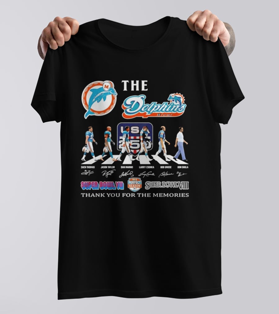 The Miami Dolphins Legends Zach Thomas Jason Taylor Dan Marino Larry Csonka Bob Griese Don Shula Thank You For The Memories Super Bowl VII VIII T-Shirt