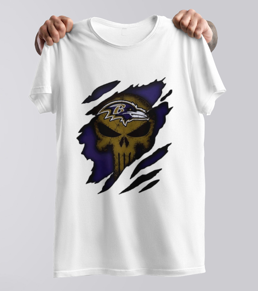 Baltimore Ravens Punisher Skull Torn Effect Fan Gear T-Shirt