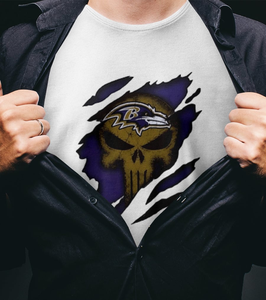 Baltimore Ravens Punisher Skull Torn Effect Fan Gear T-Shirt