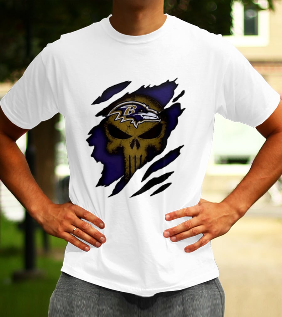 Baltimore Ravens Punisher Skull Torn Effect Fan Gear T-Shirt
