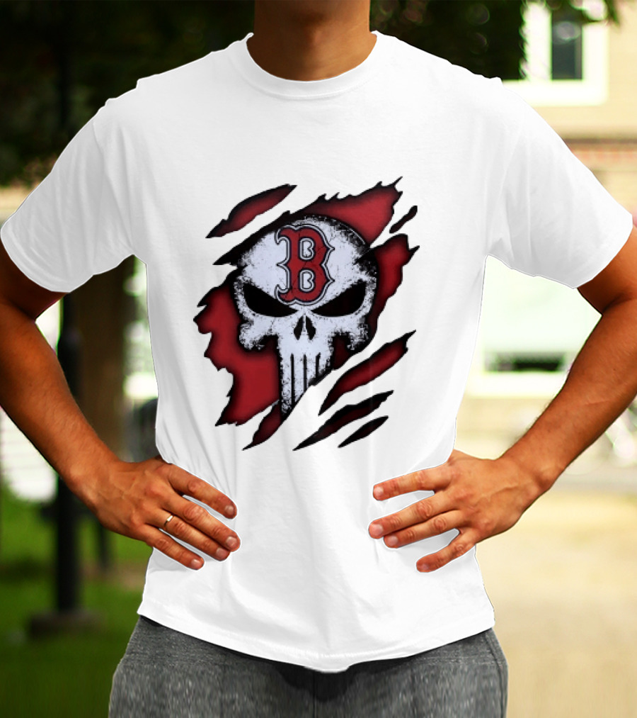 Boston Red Sox Skull Punisher Shredded Effect T-Shirt