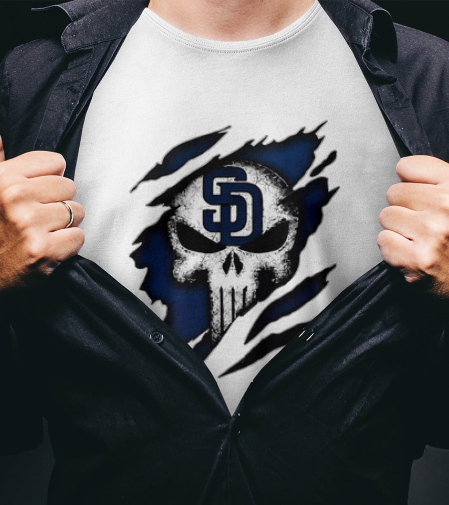 SD Punisher Skull Ripped Fabric San Diego Padres T-Shirt