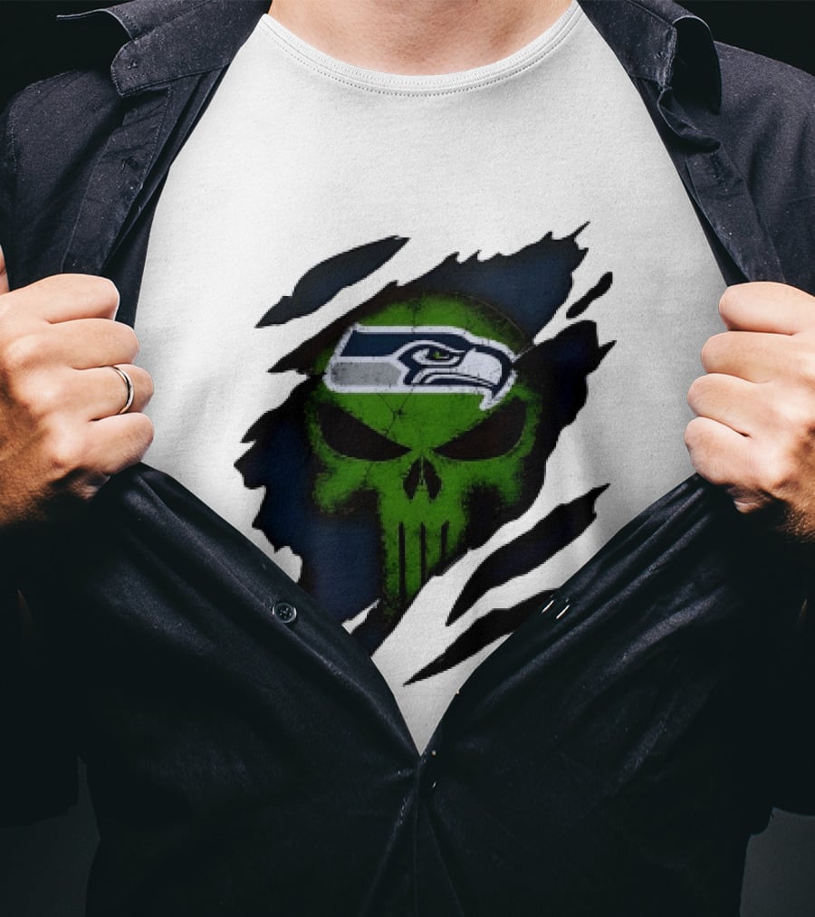 Seattle Seahawks Punisher Skull Ripped Fabric T-Shirt