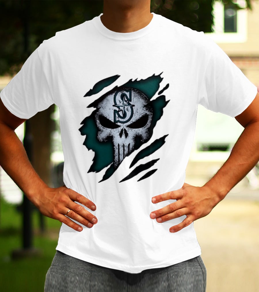 Seattle Mariners Punisher Skull Grunge Tear Effect T-Shirt