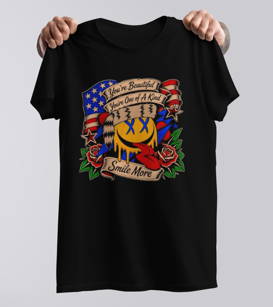 Smile More You're Beautiful You're One Of A Kind American Flag Roses Smiley Face T-Shirt