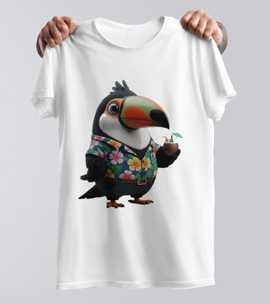 Cartoon Toucan In Hawaiian With Tropical Coconut Drink T-Shirt