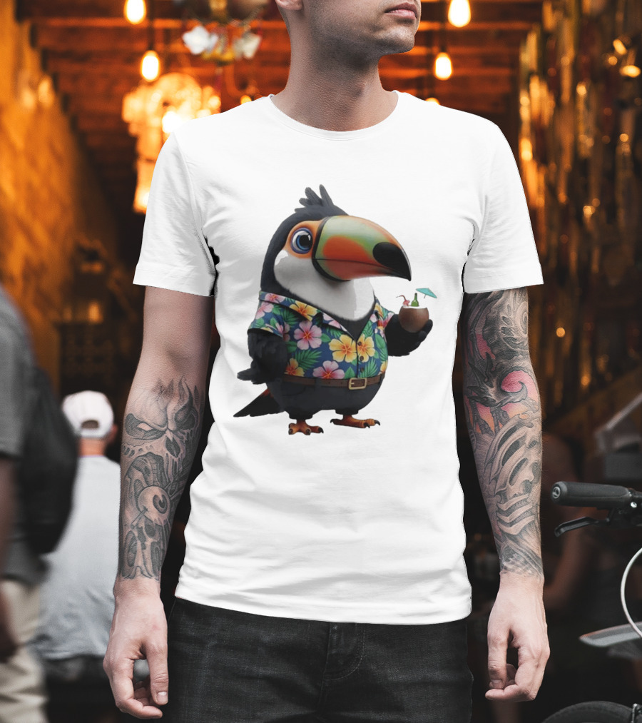 Cartoon Toucan In Hawaiian With Tropical Coconut Drink T-Shirt
