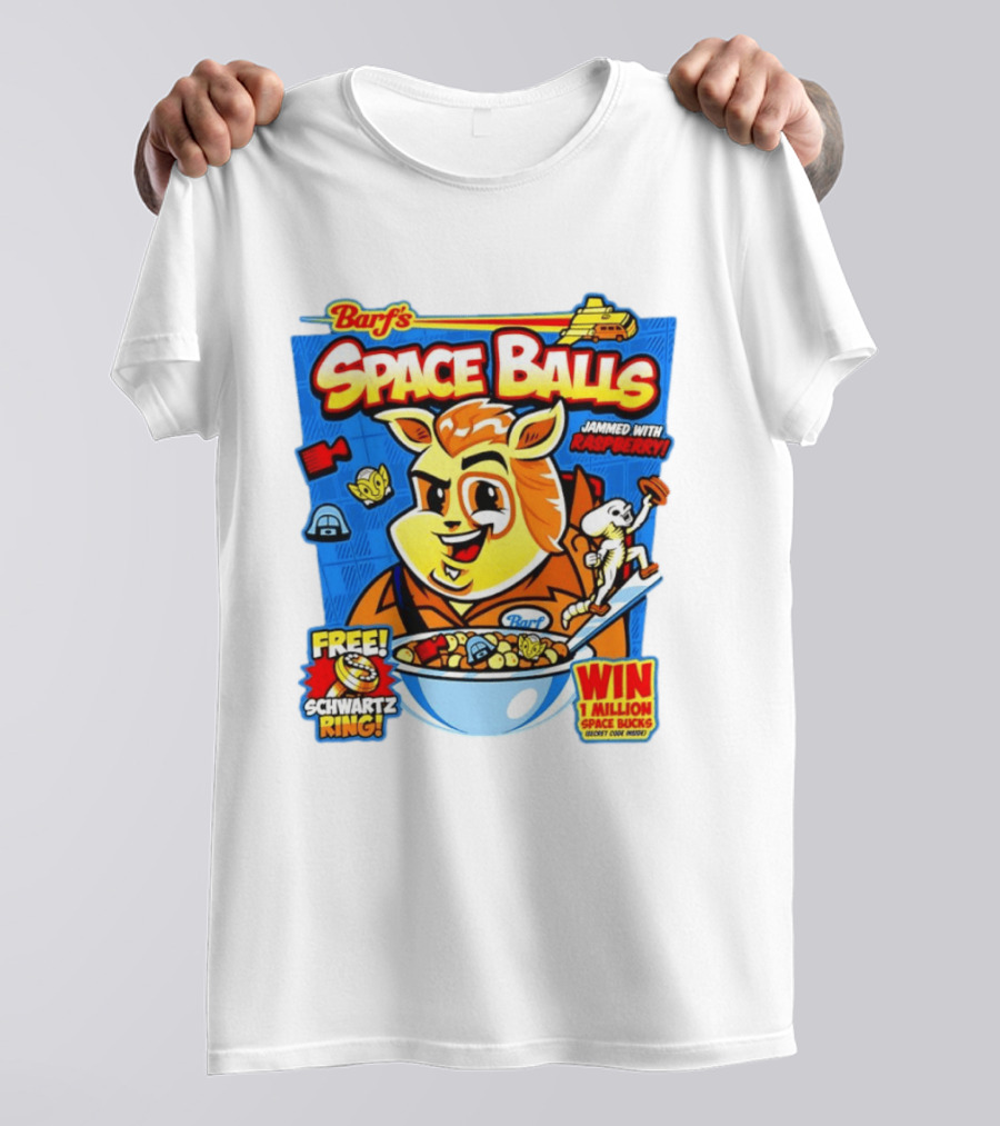 Barf Space Balls Cereal Box Jammed With Raspberry Free Schwartz Ring Win 1 Million Space Bucks T-Shirt