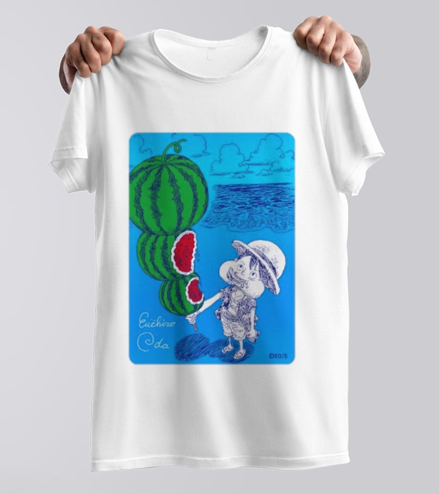 Monkey D Luffy Watermelon Eating Art By Eiichiro Oda One Piece Ocean Scene T-Shirt