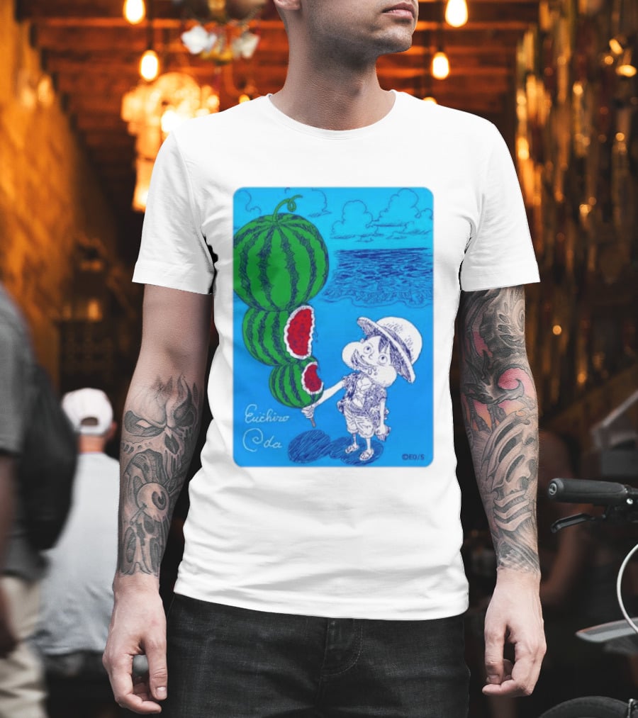 Monkey D Luffy Watermelon Eating Art By Eiichiro Oda One Piece Ocean Scene T-Shirt