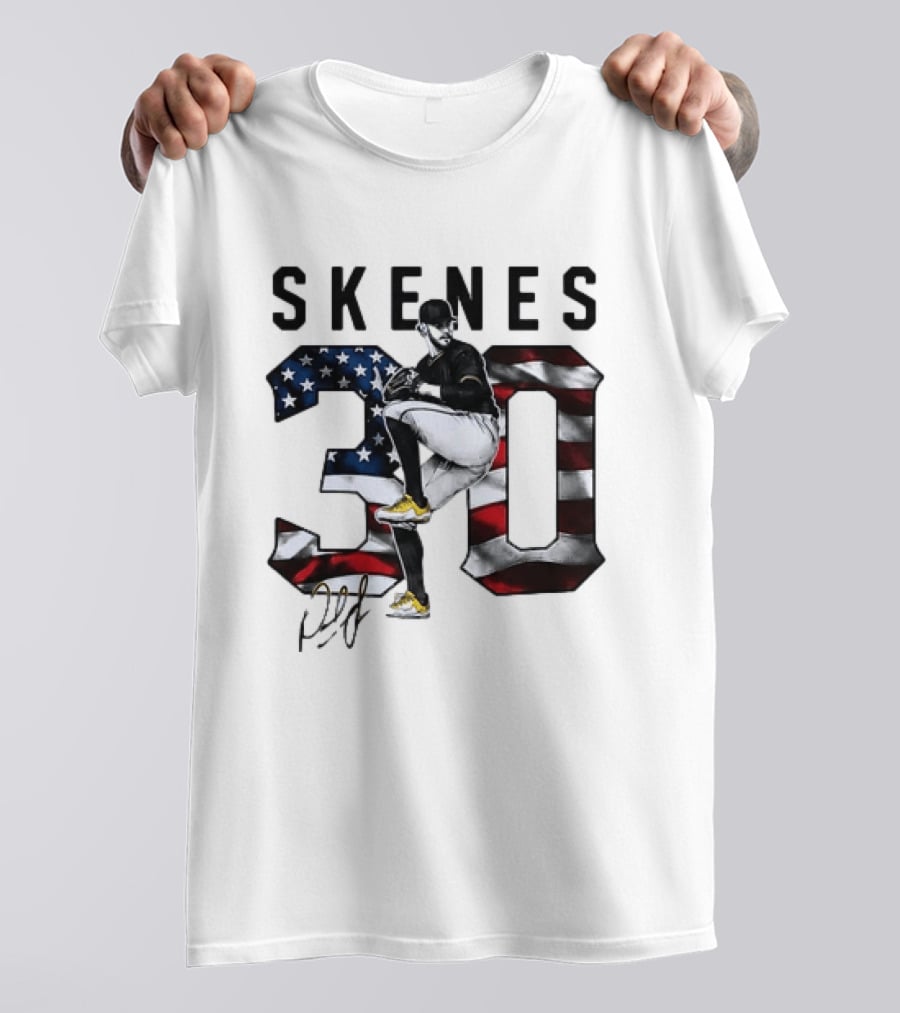 Skenes 30 Pitching Pose Pittsburgh Pirates American Flag Baseball T-Shirt