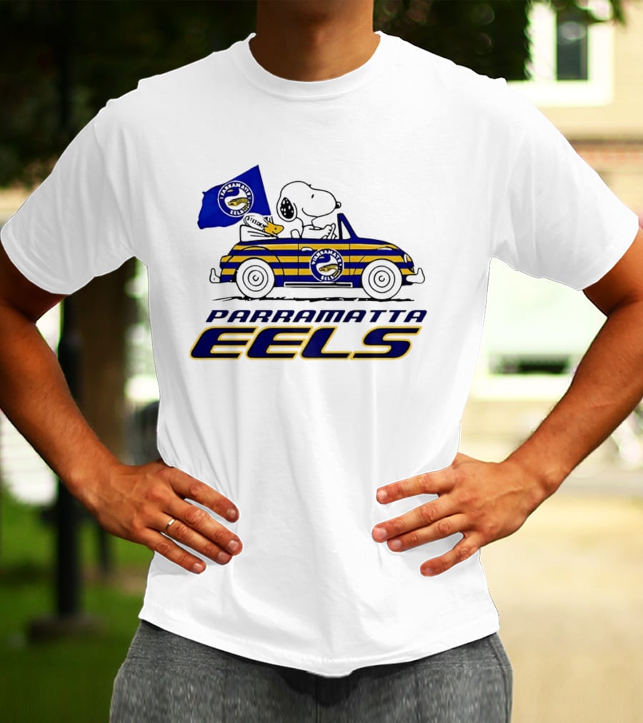 Snoopy Driving Car With Parramatta Eels Flag National Rugby League T-Shirt