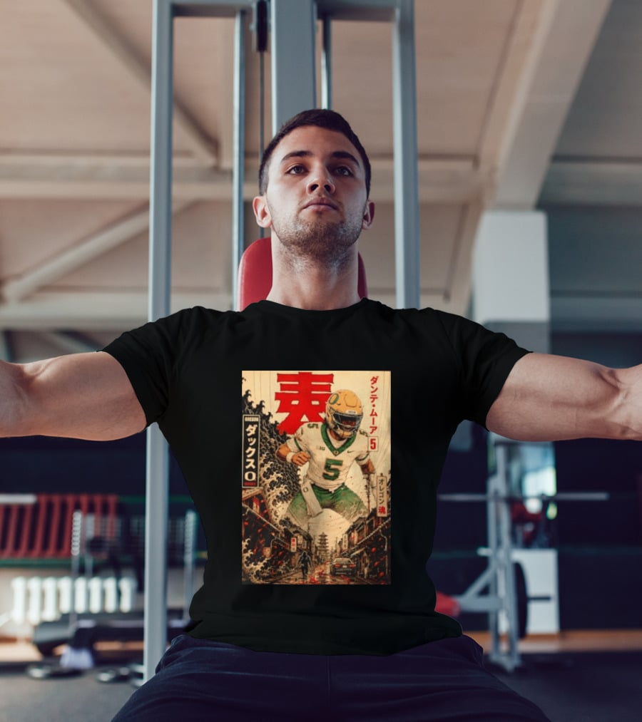 Dante Moore Number 5 Oregon Ducks Football Japanese Art Style Rugged City Scene T-Shirt