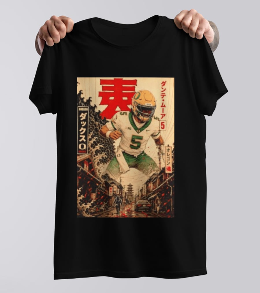 Dante Moore Number 5 Oregon Ducks Football Japanese Art Style Rugged City Scene T-Shirt