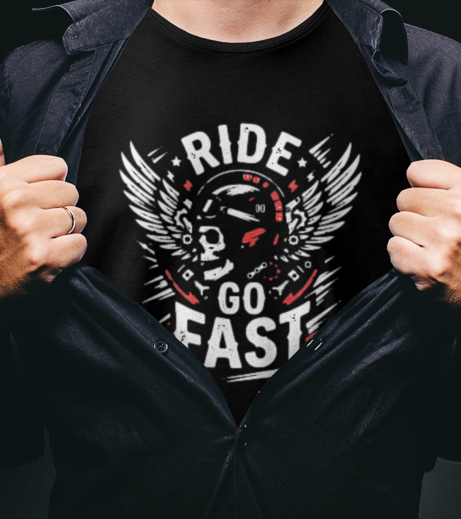 Ride Go Fast Motorcycle Rider Skull Helmet Wings T-Shirt