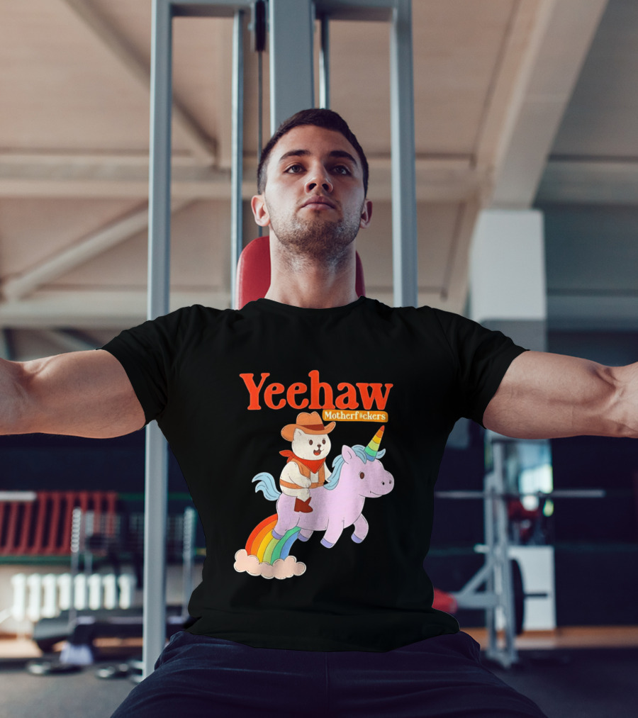 Yeehaw Motherfuckers Cat Cowboy On Rainbow Unicorn T-Shirt