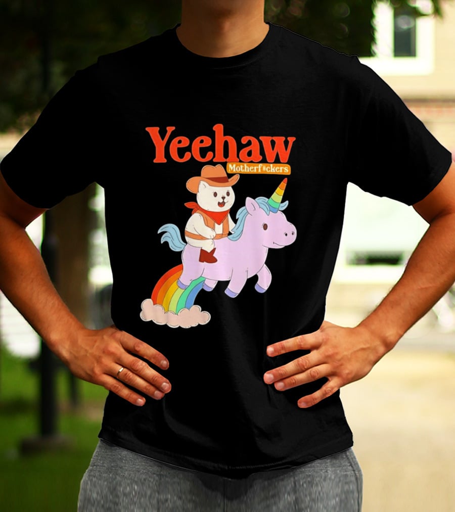 Yeehaw Motherfuckers Cat Cowboy On Rainbow Unicorn T-Shirt