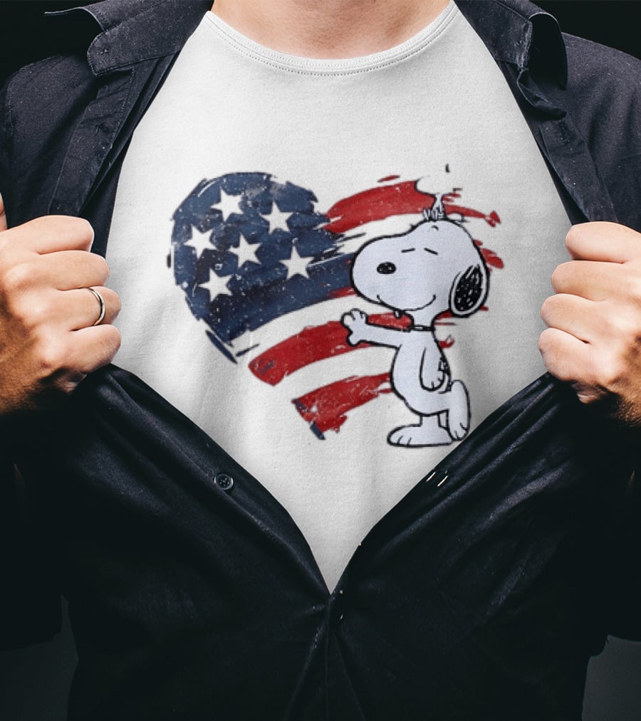 Snoopy Woodstock American Flag Heart Hug T-Shirt