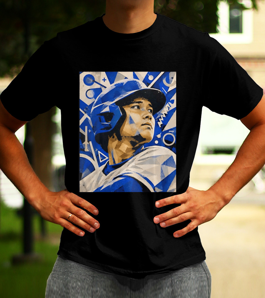 Baseball Player In Geometric Blue Abstract T-Shirt