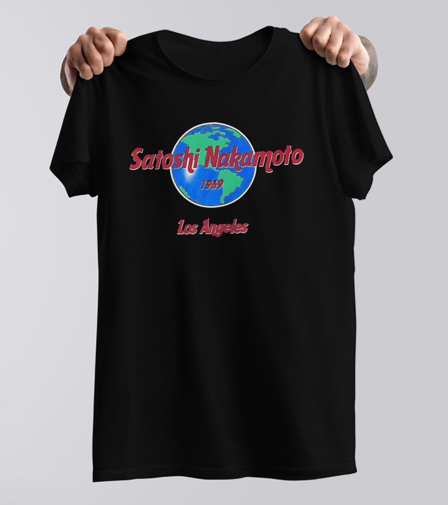 Satoshi Nakamoto 1969 Los Angeles World Map T-Shirt