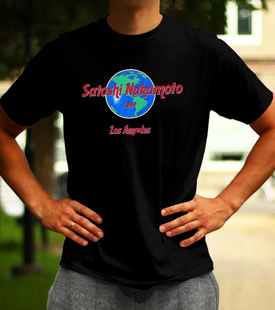 Satoshi Nakamoto 1969 Los Angeles World Map T-Shirt