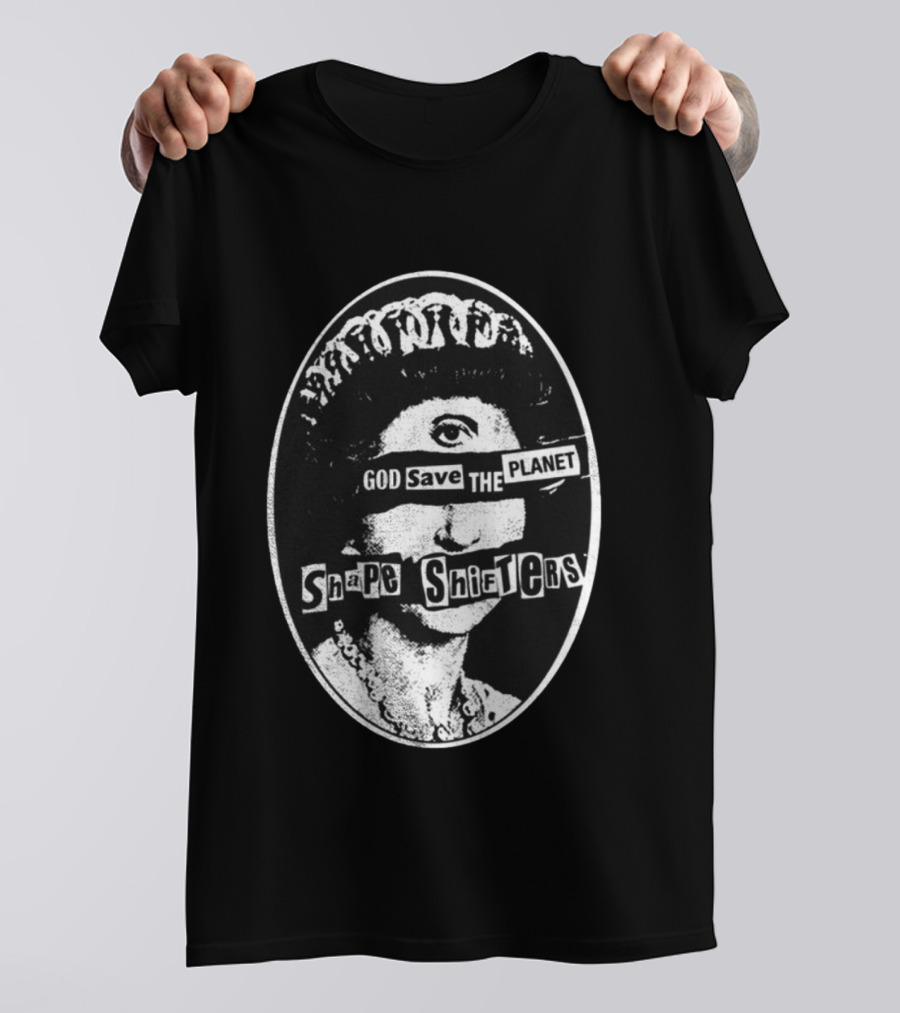 God Save The Planet Shape Shifters Queen Elizabeth Iconic Collage T-Shirt