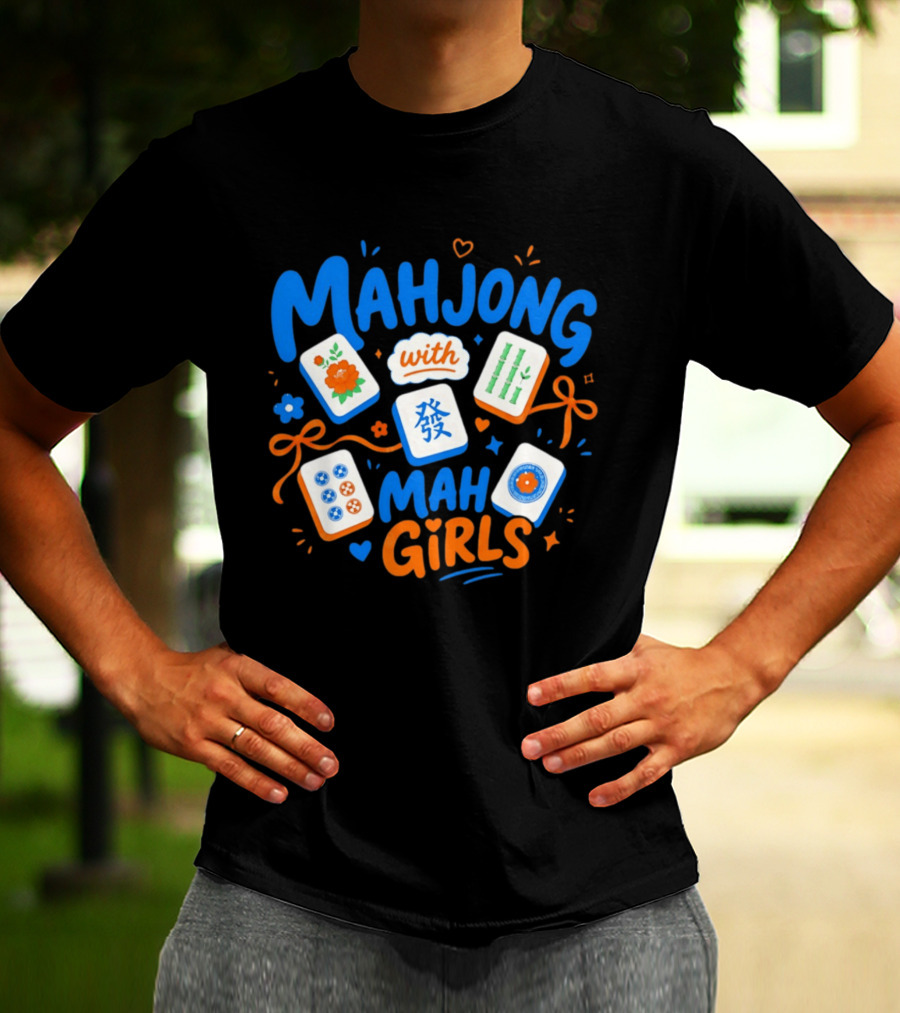 Mahjong With Mah Girls Flower And Bamboo Tiles Game Night T-Shirt
