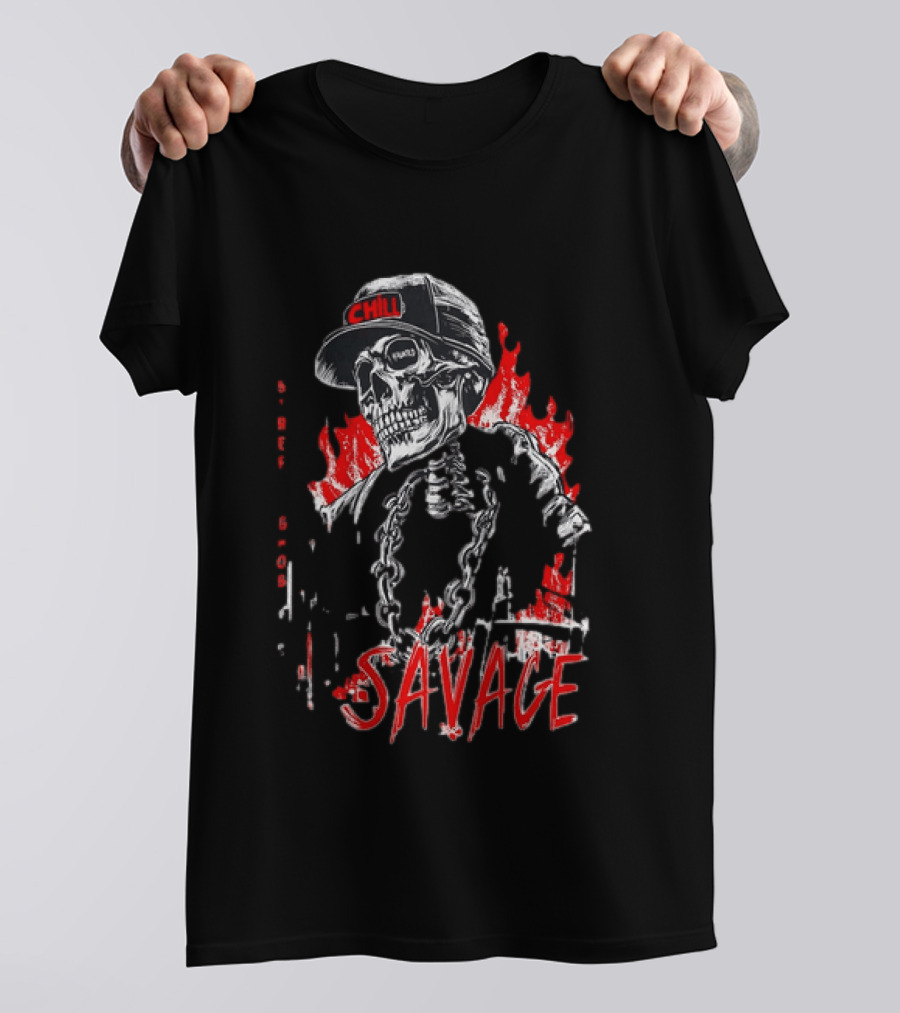 Street Ghost Chill Savage Skeleton Flames Red Black Chain T-Shirt