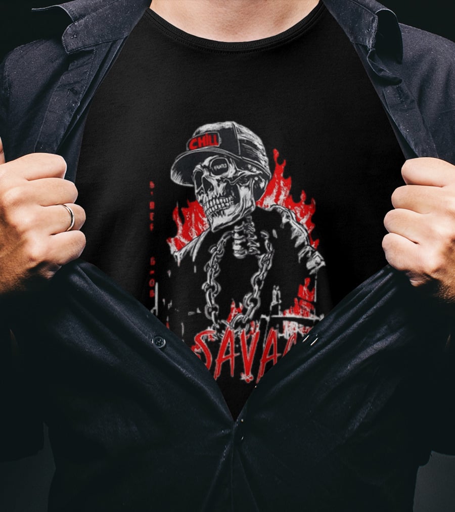 Street Ghost Chill Savage Skeleton Flames Red Black Chain T-Shirt