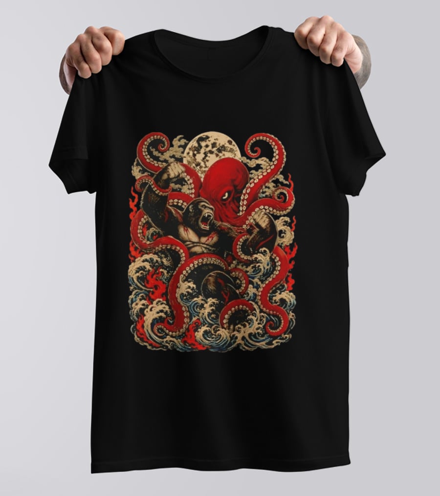 Tokyo Kaiju Octopus Vs Gorilla Battle Waves And Moon Scene T-Shirt